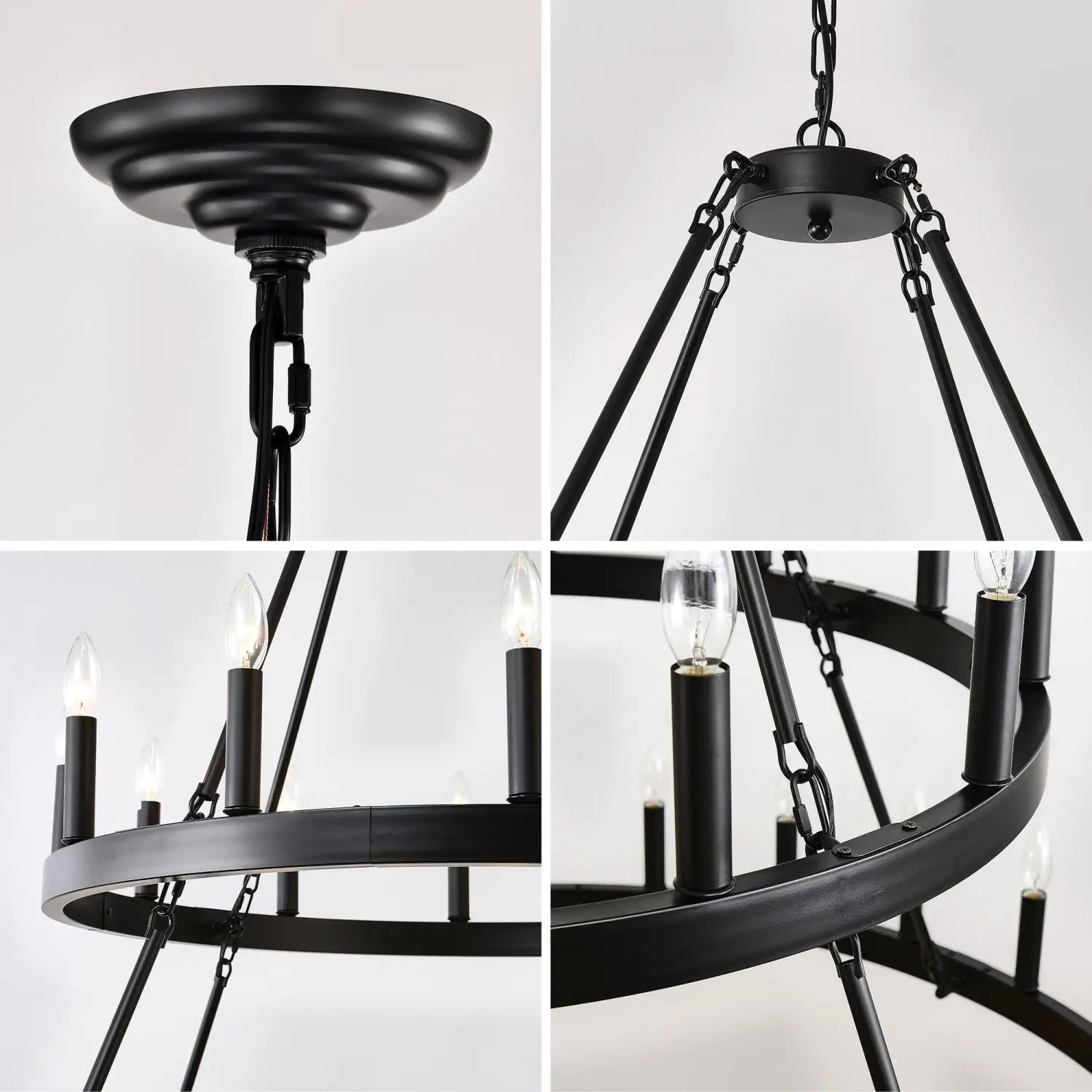 2 Tiers Wagon Wheel Chandelier Wooden Farmhouse 36 Light Black Metal Chandeliers 2 Story Light Fixtures Industrial