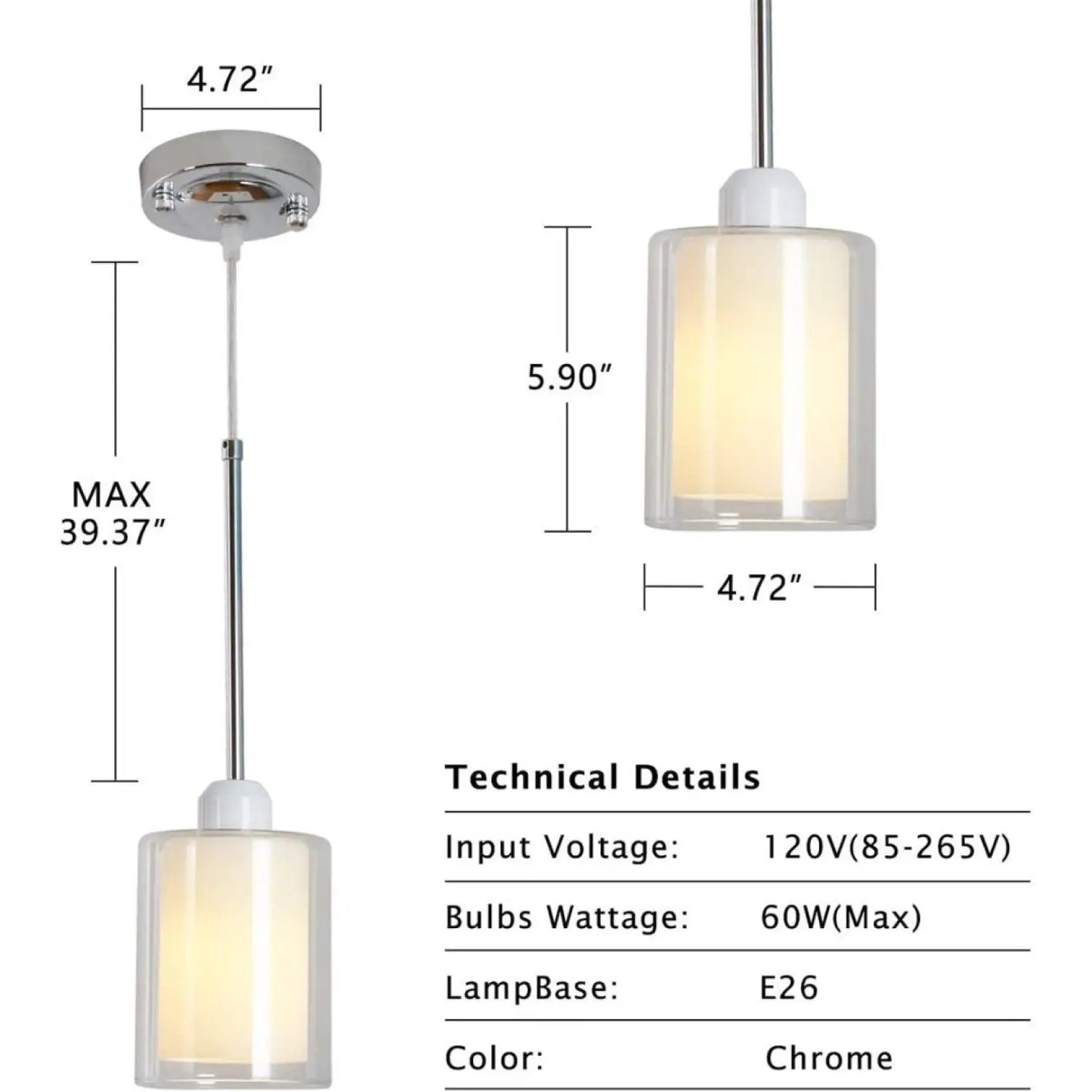 Modern Glass Pendant Light with Chrome Nickel Finish for Kitchen Island - White - Hanging Light