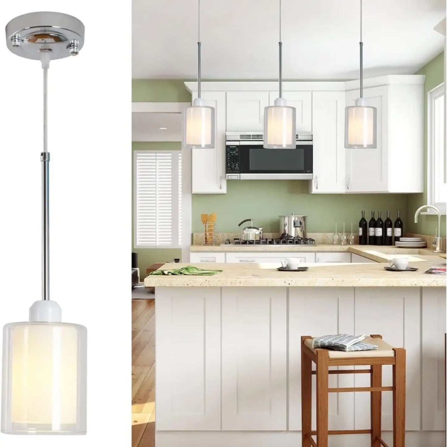 Modern Glass Pendant Light with Chrome Nickel Finish for Kitchen Island - White - Hanging Light