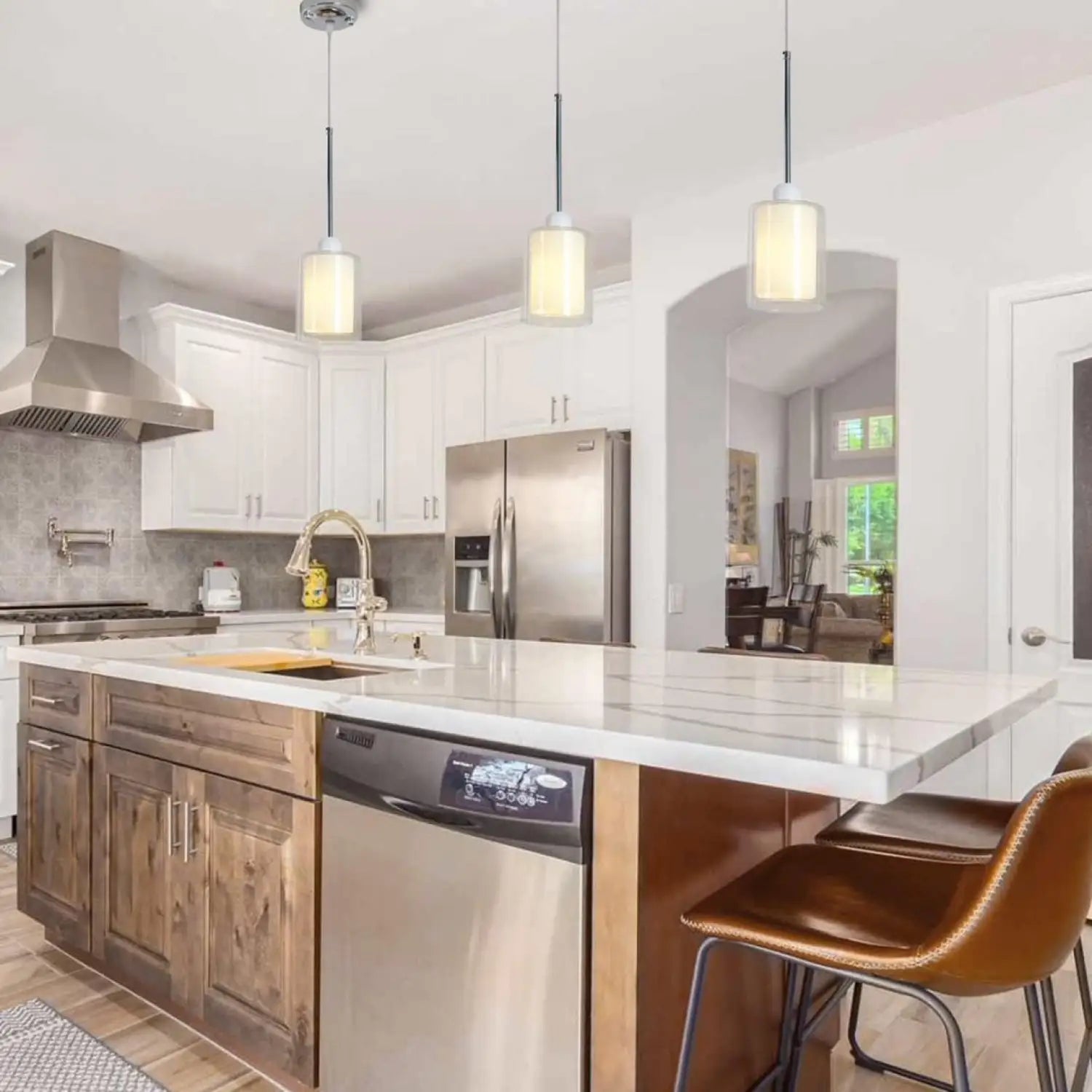 Modern Glass Pendant Light with Chrome Nickel Finish for Kitchen Island - White - Hanging Light