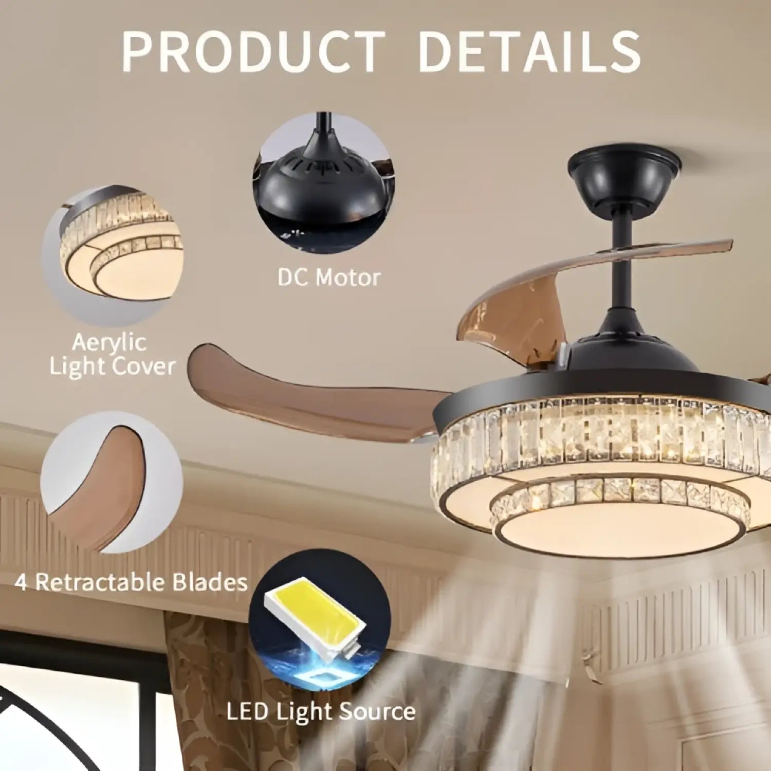 Modern LED Retractable Ceiling Fan With Light And Remote Control Unavailable Platform- Temu - Black - 12V Hanging Light