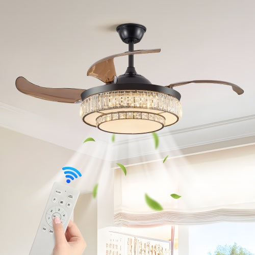 Modern LED Retractable Ceiling Fan With Light And Remote Control Unavailable Platform- Temu - Black - 12V Hanging Light