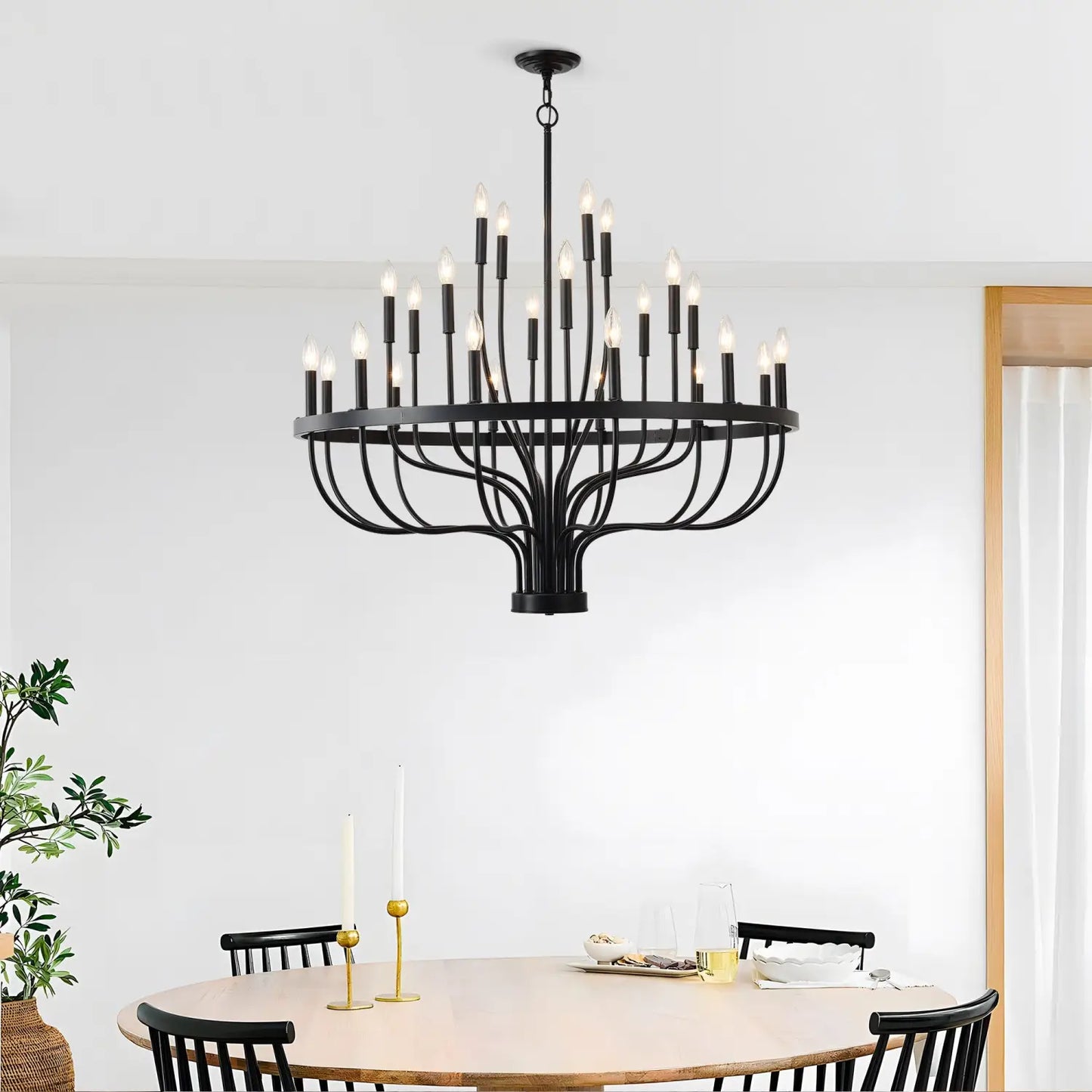 Modern Pendant Light Living Room Chandelier with Adjustable Height Matte Black Hanging Light
