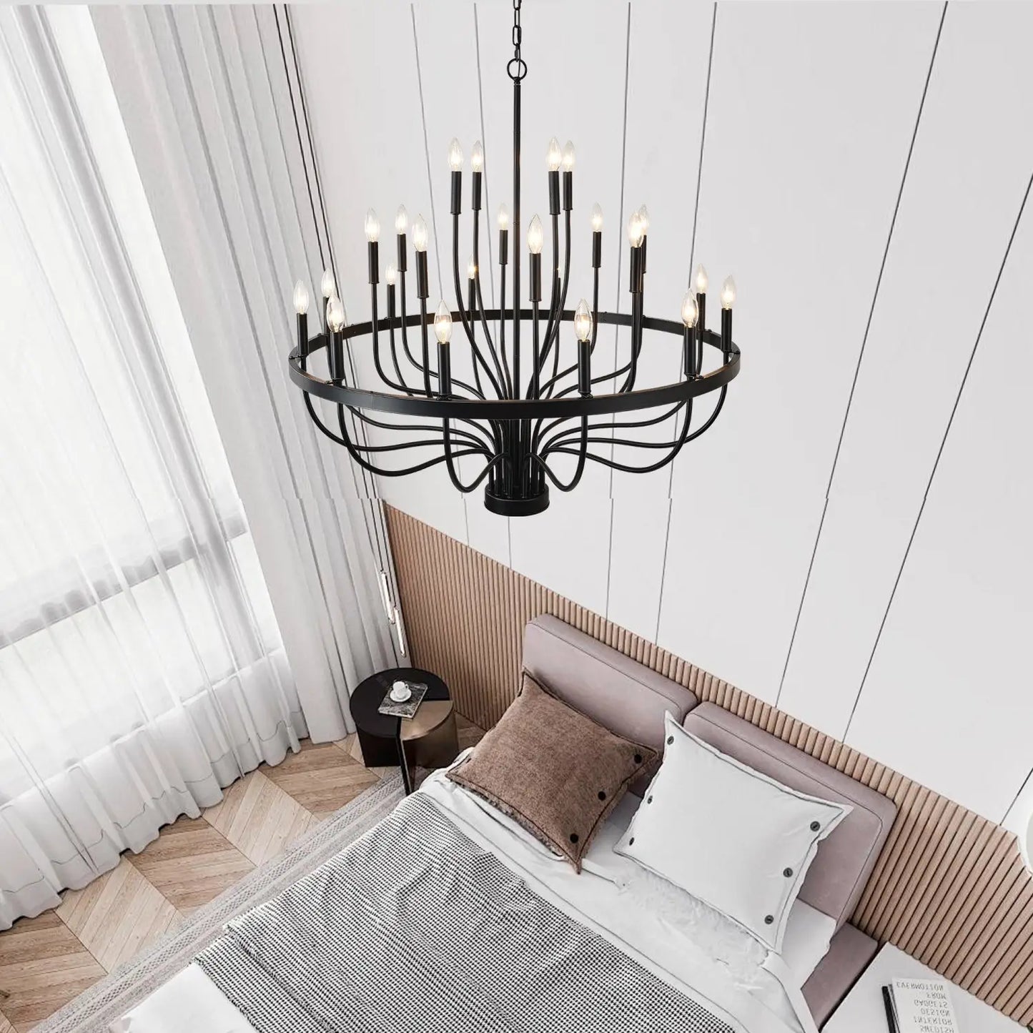 Modern Pendant Light Living Room Chandelier with Adjustable Height Matte Black Hanging Light