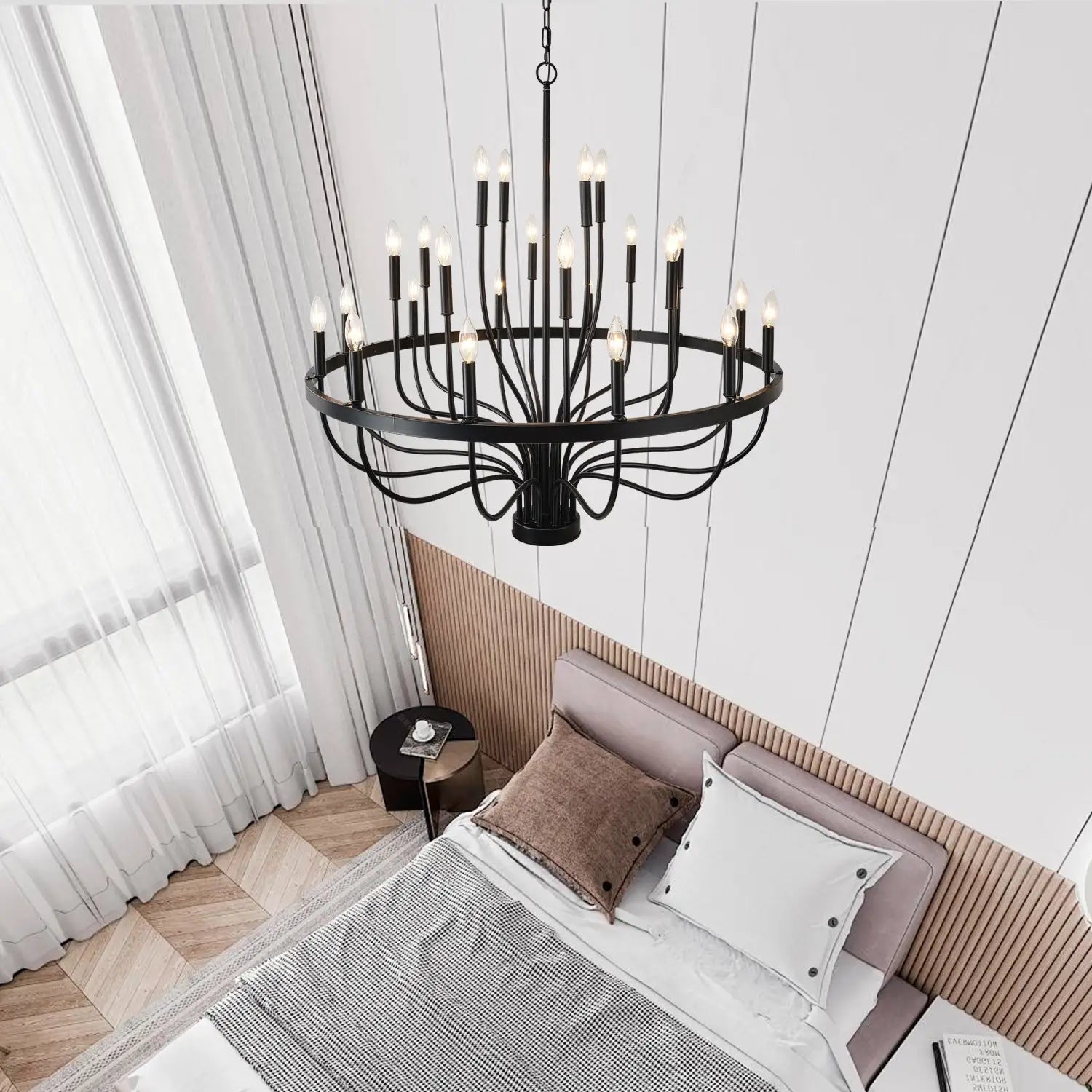 Modern Pendant Light Living Room Chandelier with Adjustable Height Matte Black Hanging Light