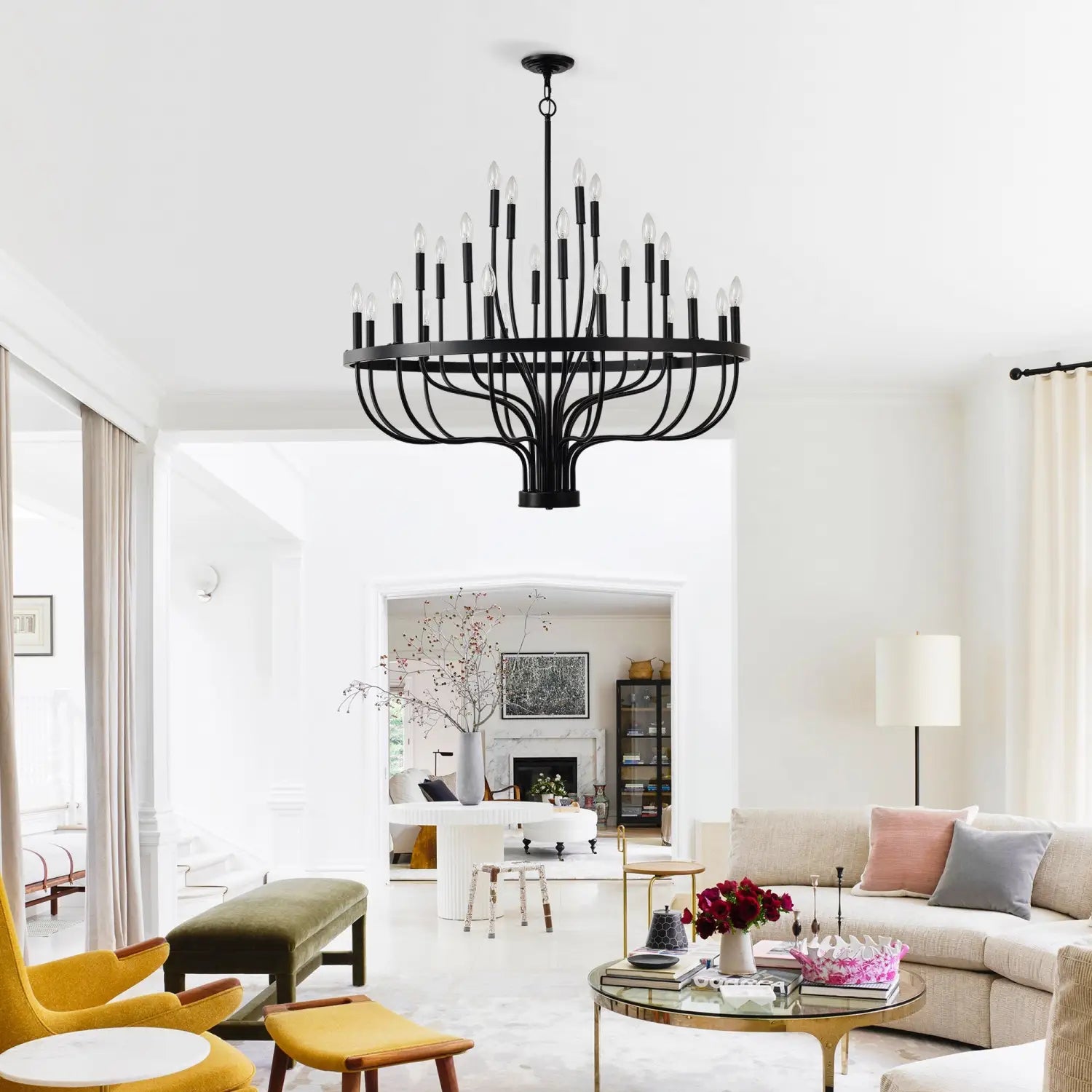Modern Pendant Light Living Room Chandelier with Adjustable Height Matte Black Hanging Light