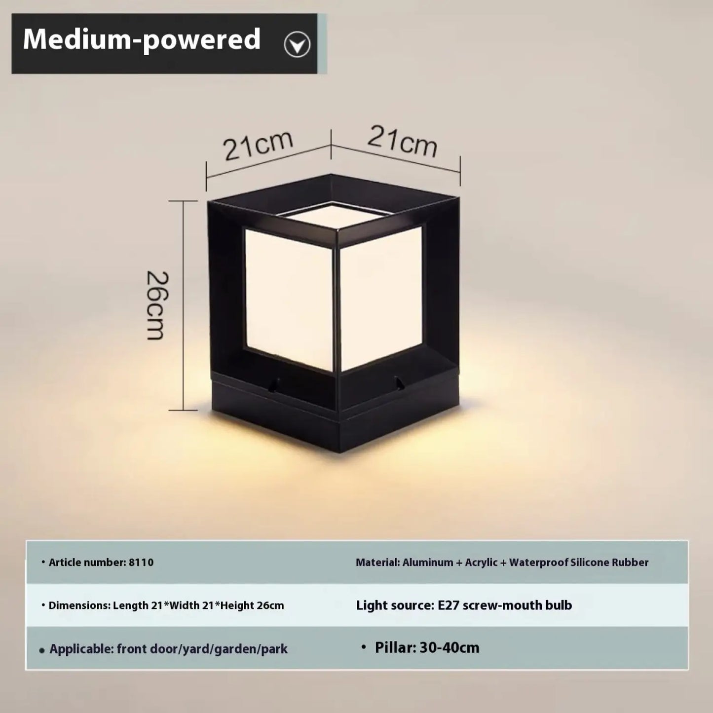 Modern Square Solar Powered Yard Lamp for Gates and Pillars - Solar Light