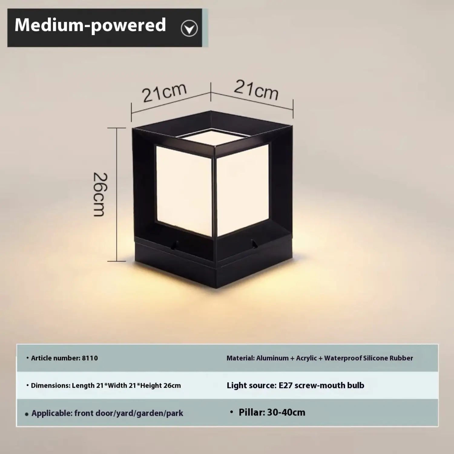 Modern Square Solar Powered Yard Lamp for Gates and Pillars - Solar Light
