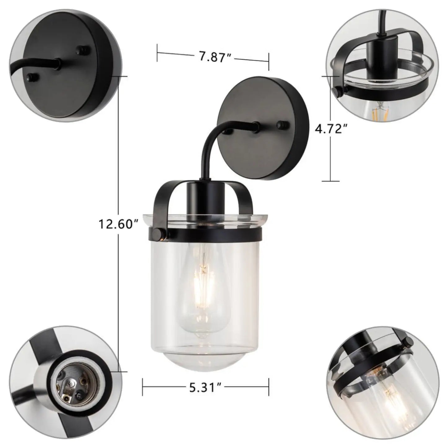Wall Lights with Clear Glass Shade and E26 Socket for Indoor Black 12V Hanging Light