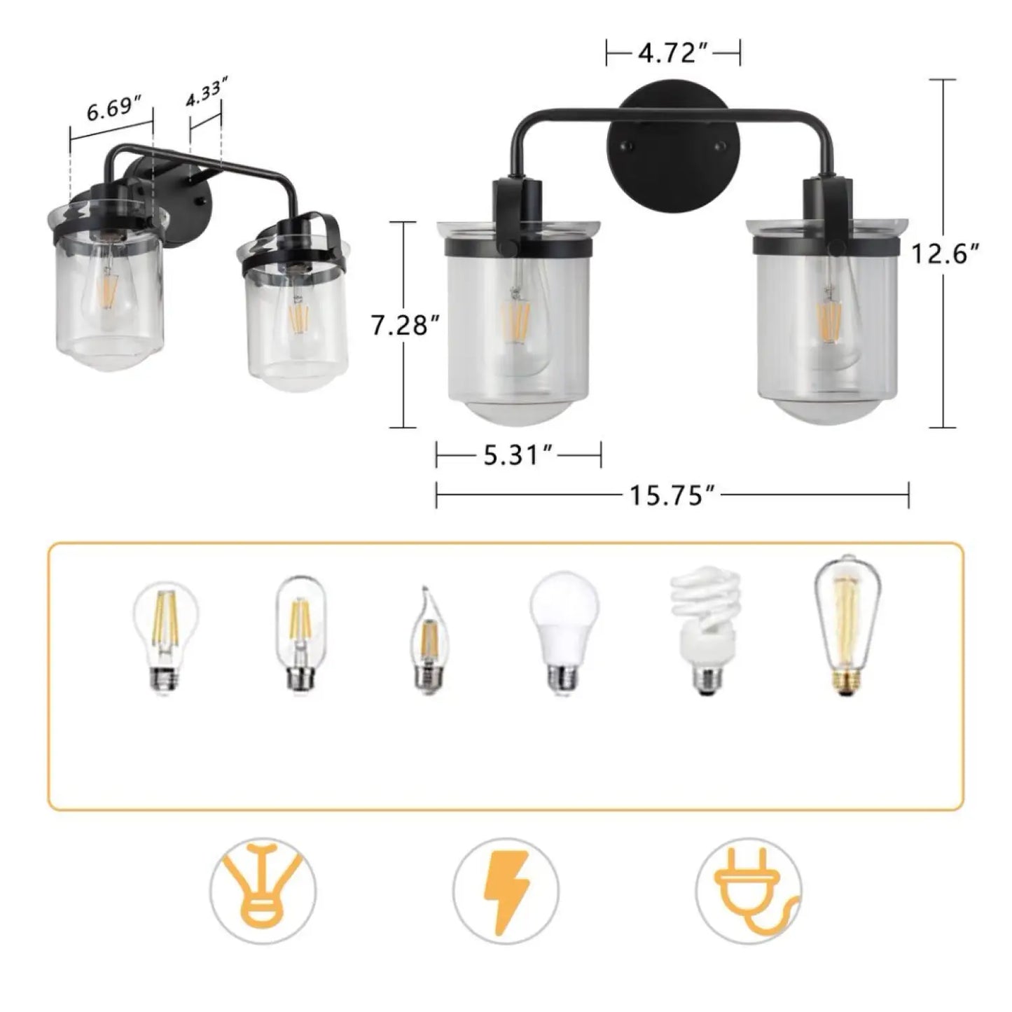 2-Light With Clear Glass Shade,Modern Sconce Industrial Indoor Light Fixture For Bathroom Living Room Bedroom Over