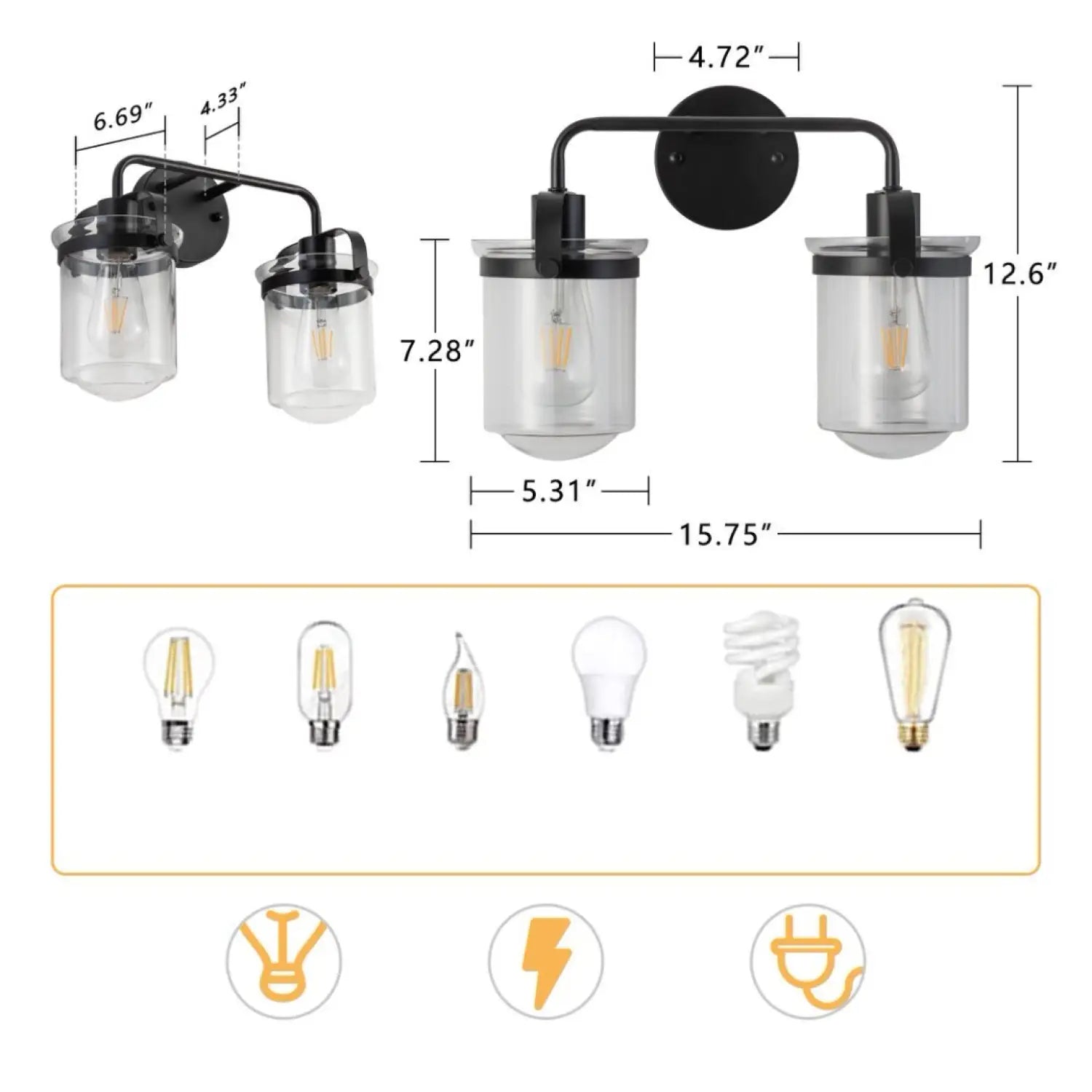 2-Light With Clear Glass Shade,Modern Sconce Industrial Indoor Light Fixture For Bathroom Living Room Bedroom Over