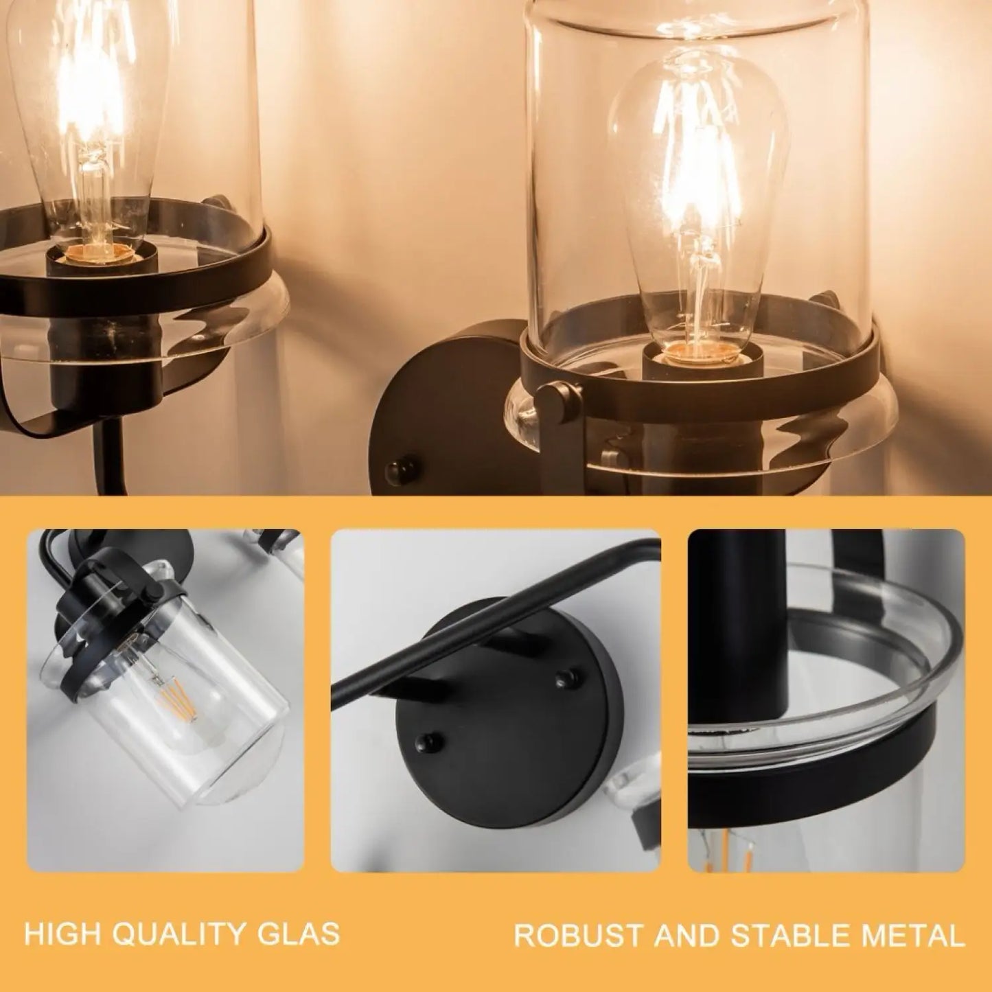 2-Light With Clear Glass Shade,Modern Sconce Industrial Indoor Light Fixture For Bathroom Living Room Bedroom Over