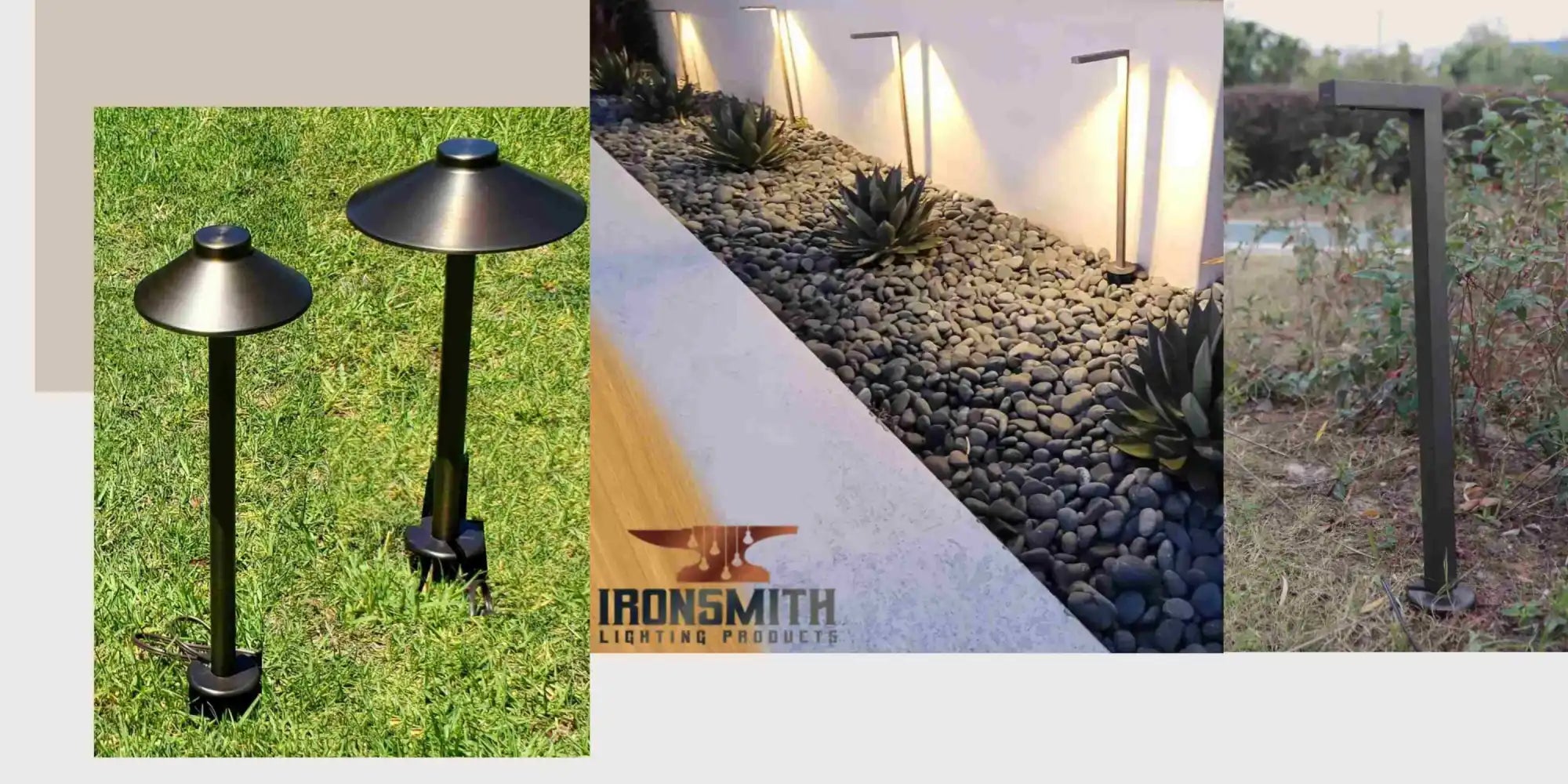 Outdoor pathway lights with black metal posts and mushroom-shaped shades.