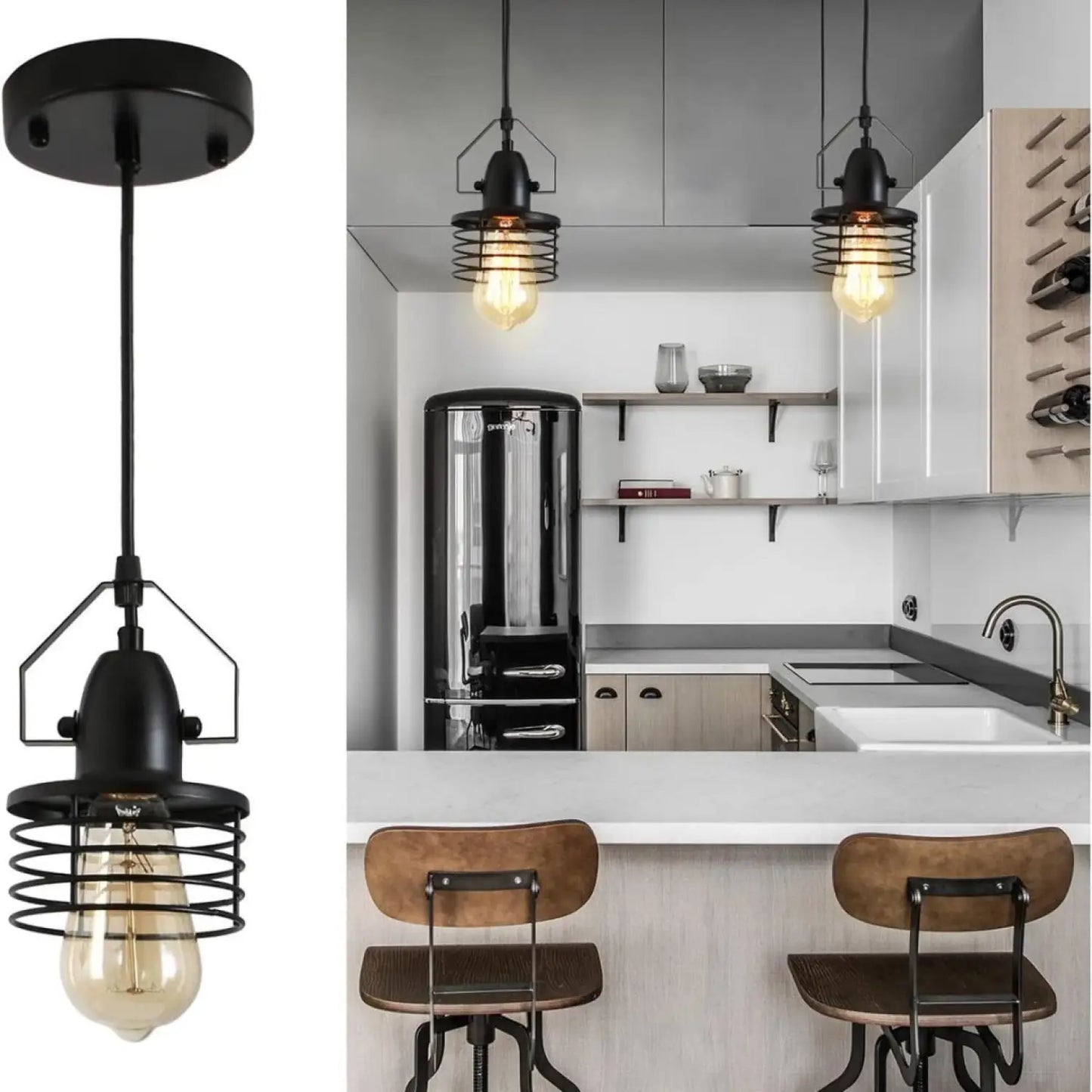 Pendant Light Kitchen Island – Industrial Black Metal Cage Fixture - Black - Hanging Light
