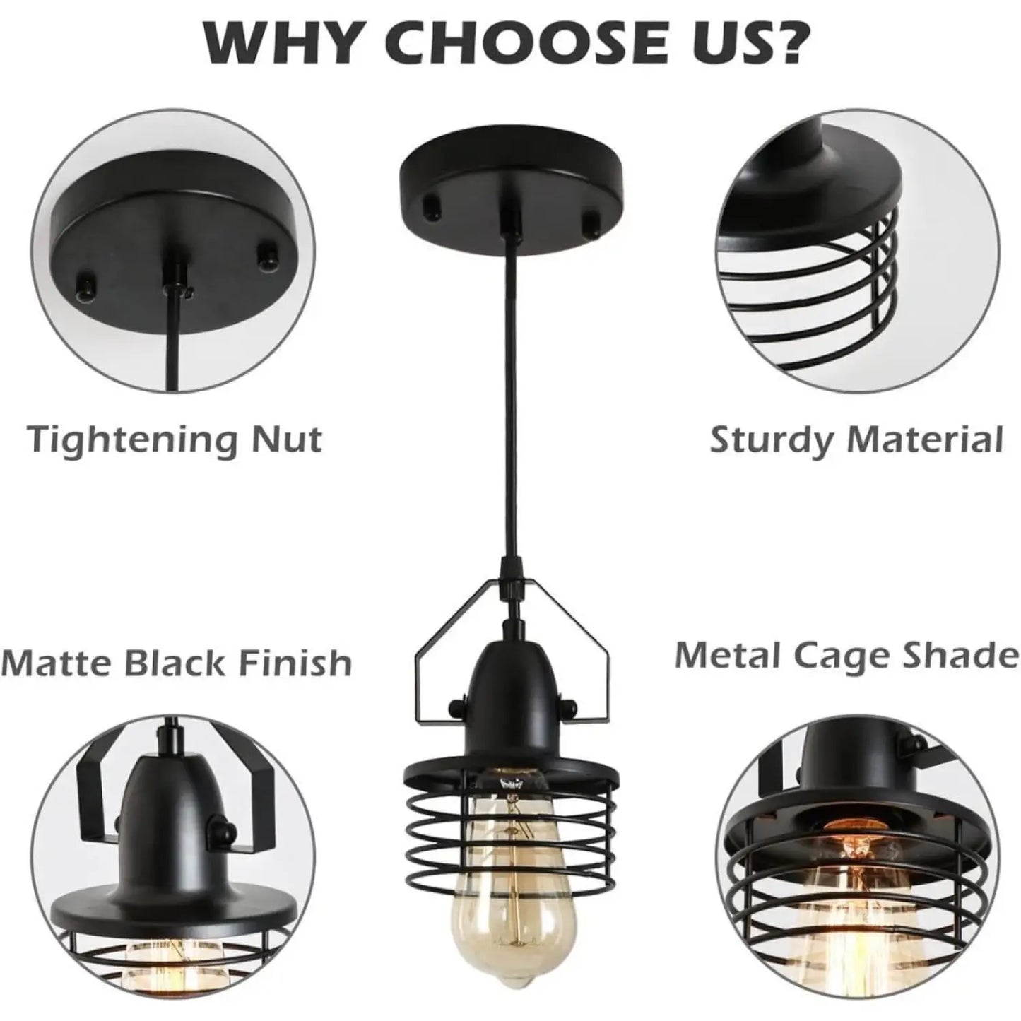 Pendant Light Kitchen Island – Industrial Black Metal Cage Fixture - Black - Hanging Light