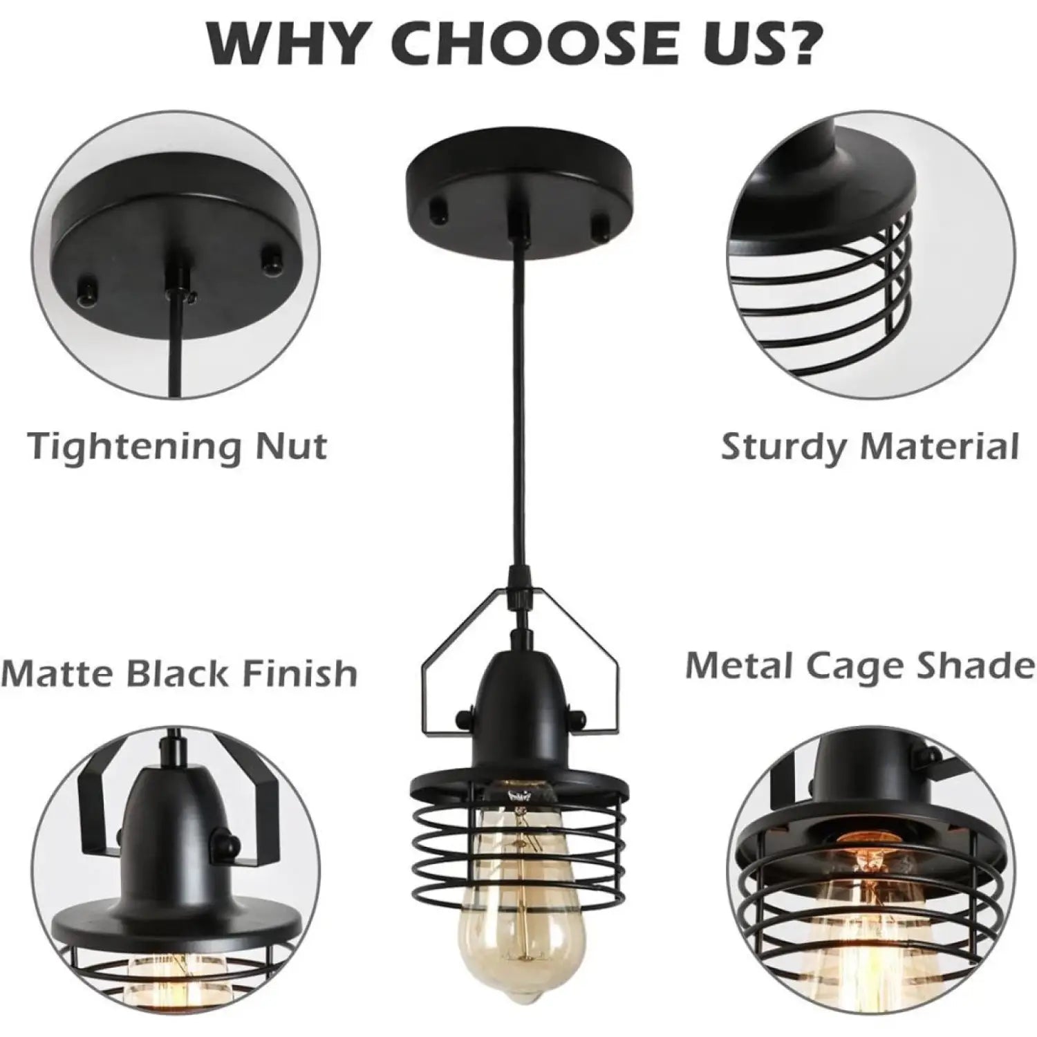 Pendant Light Kitchen Island – Industrial Black Metal Cage Fixture - Black - Hanging Light
