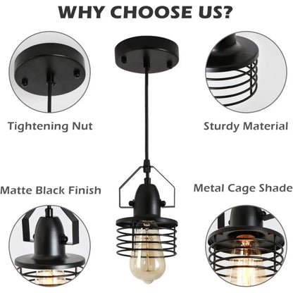 Pendant Light Kitchen Island – Industrial Black Metal Cage Fixture - Black - Hanging Light