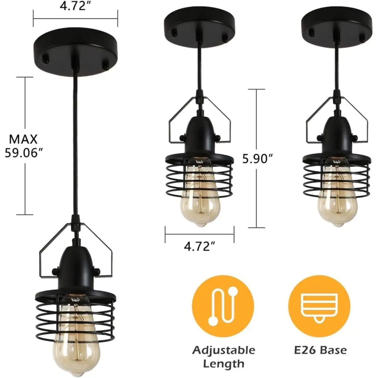 Pendant Light Kitchen Island – Industrial Black Metal Cage Fixture - Black - Hanging Light