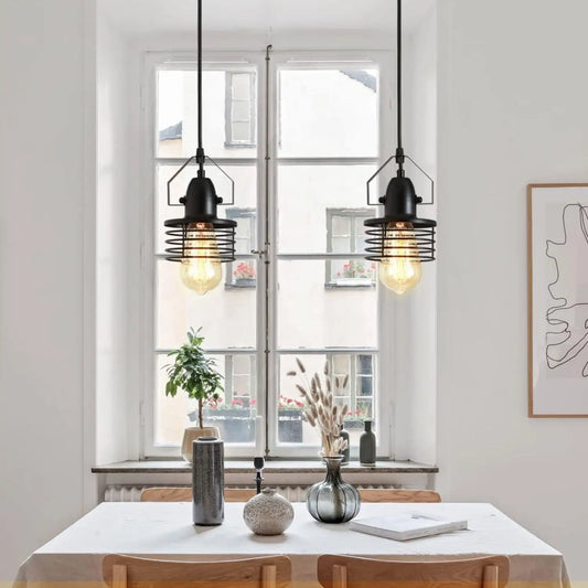 Pendant Light Kitchen Island – Industrial Black Metal Cage Fixture - Black - Hanging Light