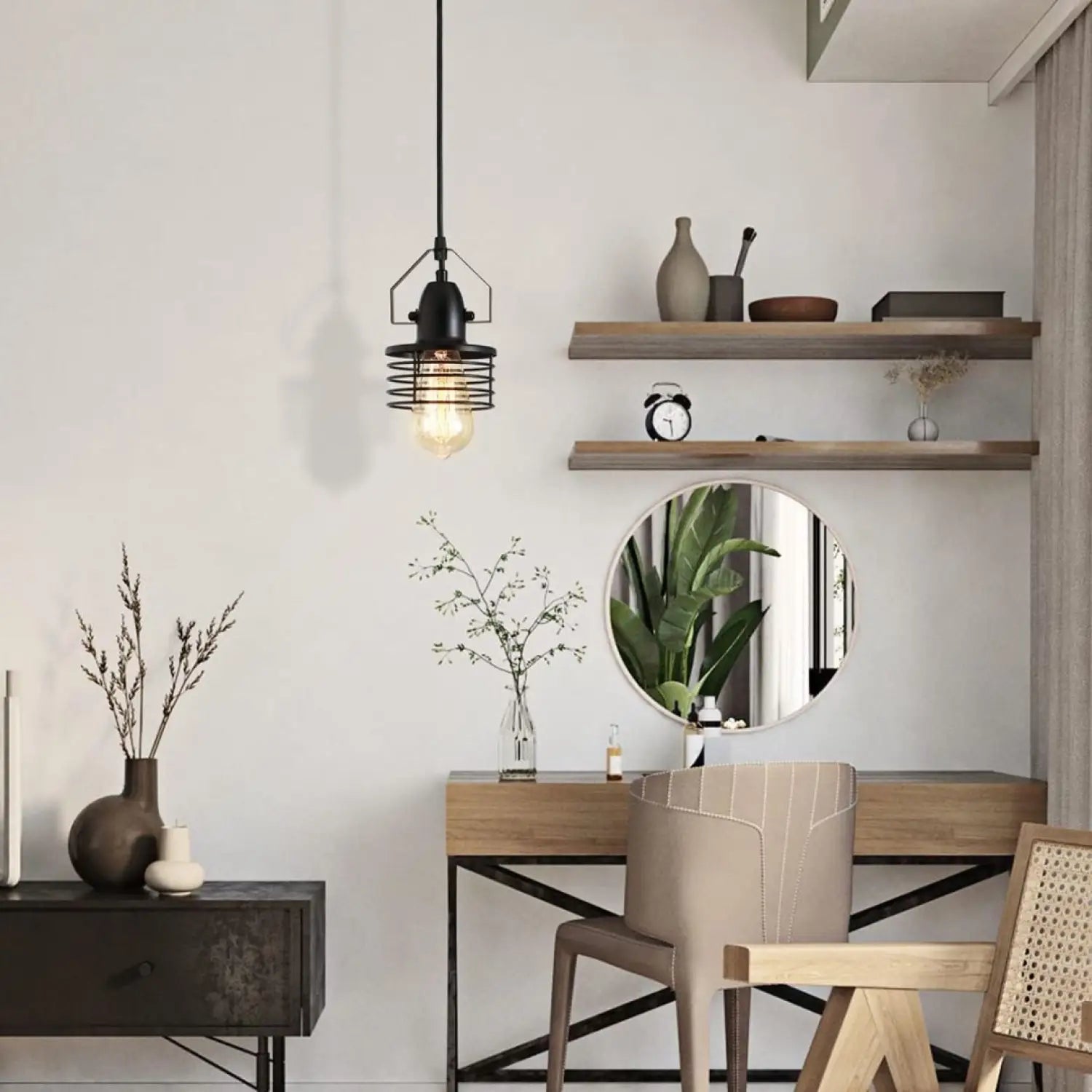 Pendant Light Kitchen Island – Industrial Black Metal Cage Fixture - Black - Hanging Light
