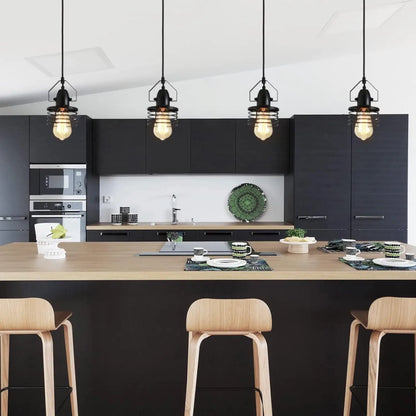 Pendant Light Kitchen Island – Industrial Black Metal Cage Fixture - Black - Hanging Light