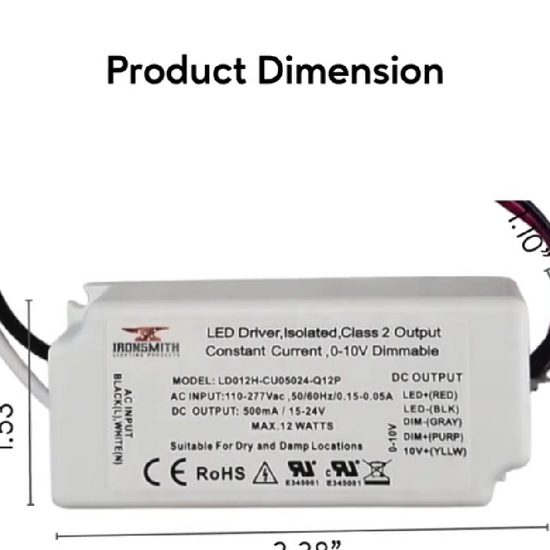 110-277 Volts AC - 15V to 24V DC | 12W Constant Current LED Driver with Dimming - 110 Volts - 277 Volts / 15V - 24V