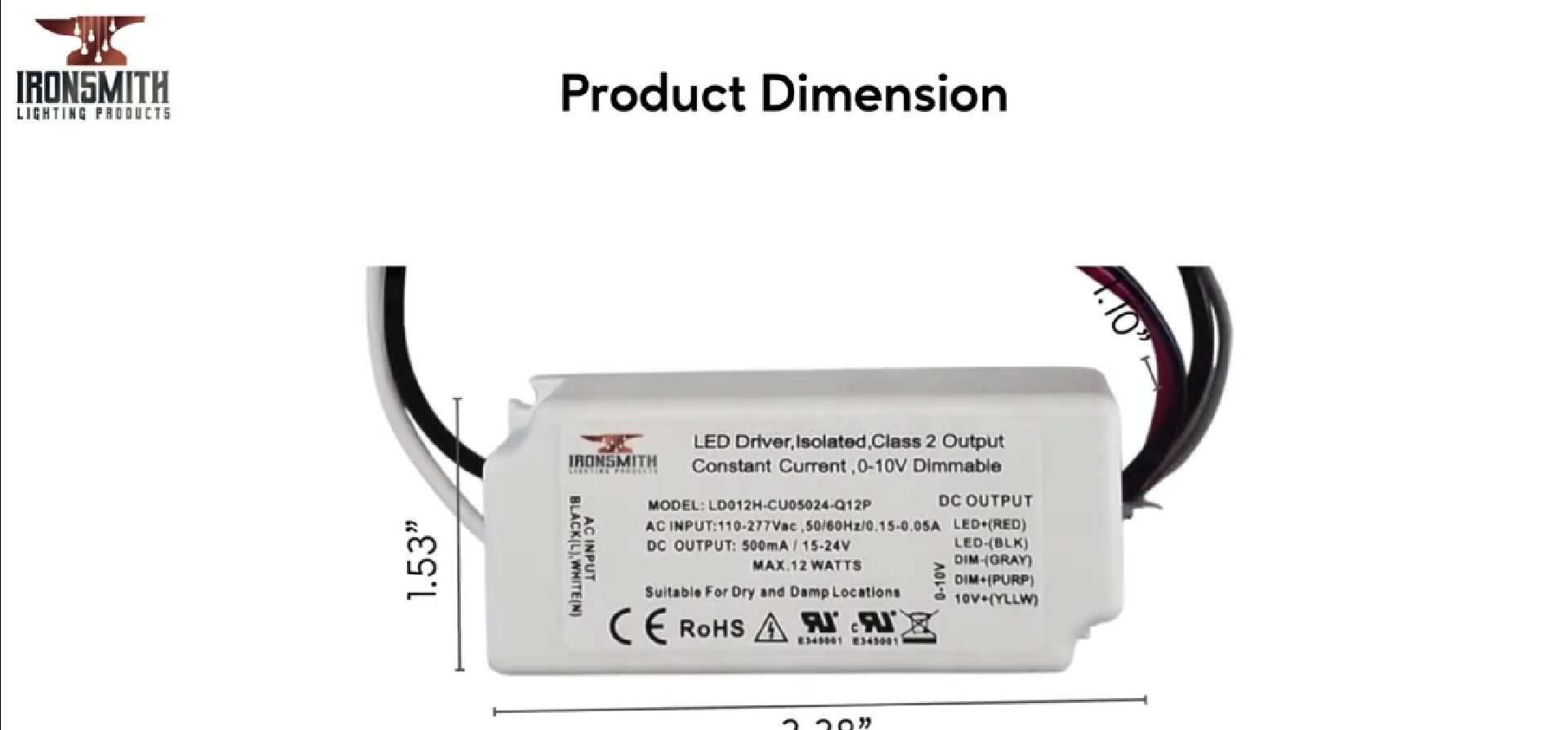 110-277 Volts AC - 15V to 24V DC | 12W Constant Current LED Driver with Dimming - 110 Volts - 277 Volts / 15V - 24V