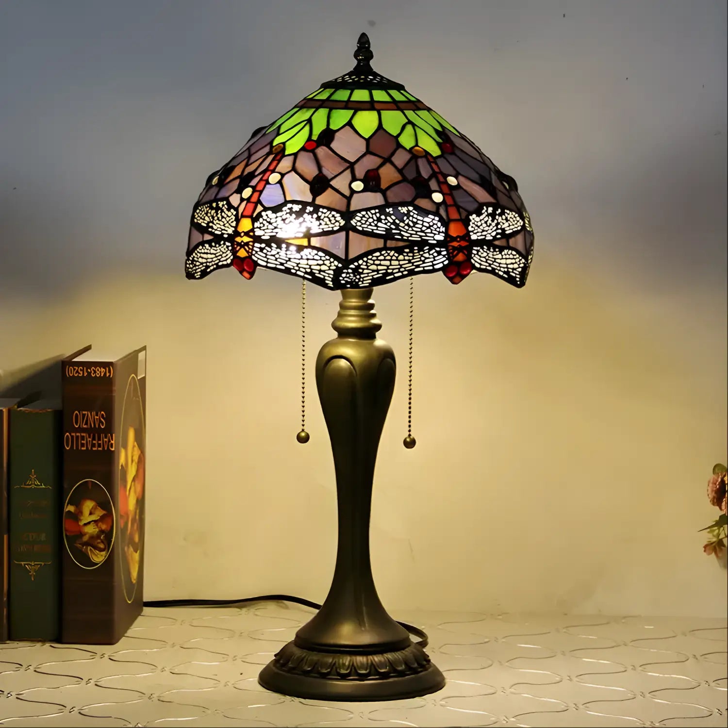 Vintage Dragonfly Tiffany Glass Tabletop Lamp - No Bulb - Table Lamp