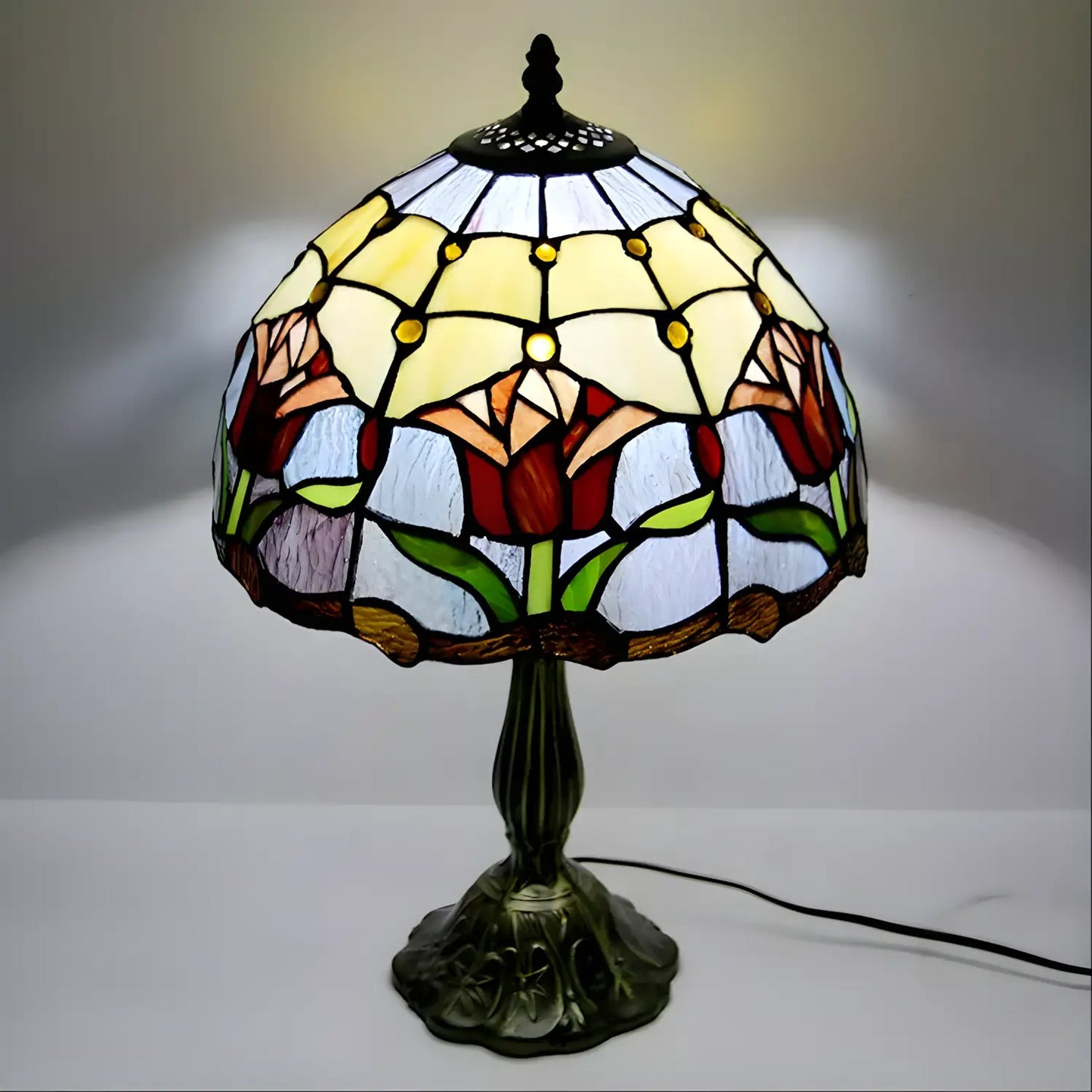 Red Tulip Tiffany Glass Tabletop Lamp - No Bulb - Table Lamp