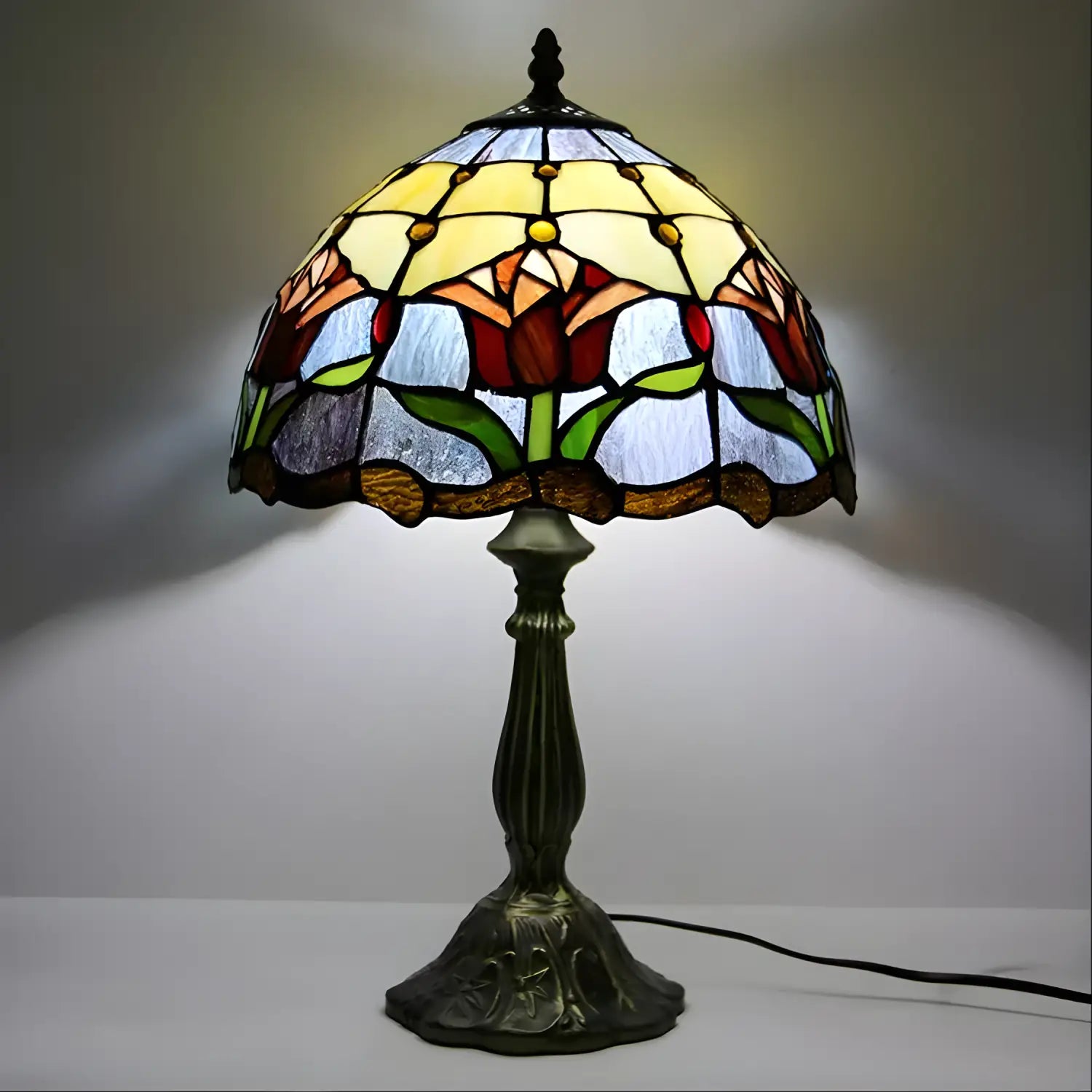 Red Tulip Tiffany Glass Tabletop Lamp - No Bulb - Table Lamp