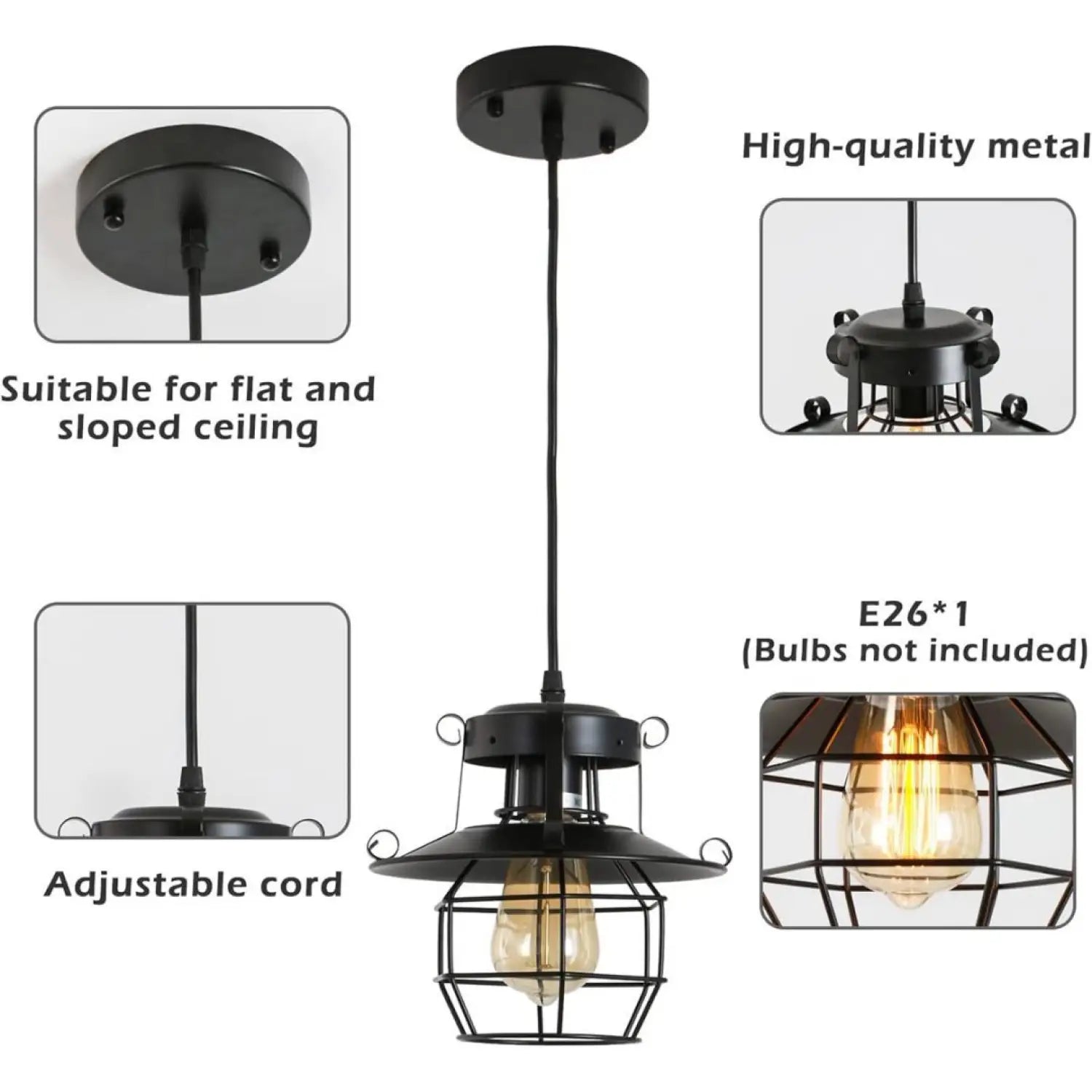 Rustic Black Pendant Light for Island with Adjustable Cage Design - Black - Hanging Light