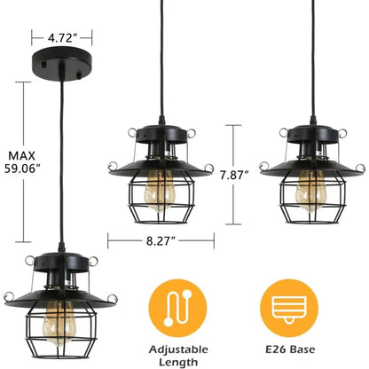 Rustic Black Pendant Light for Island with Adjustable Cage Design - Black - Hanging Light