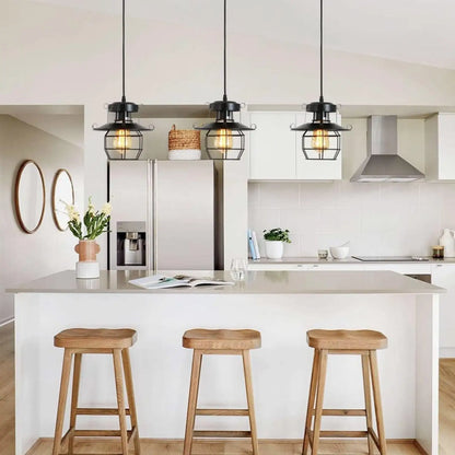 Rustic Black Pendant Light for Island with Adjustable Cage Design - Black - Hanging Light