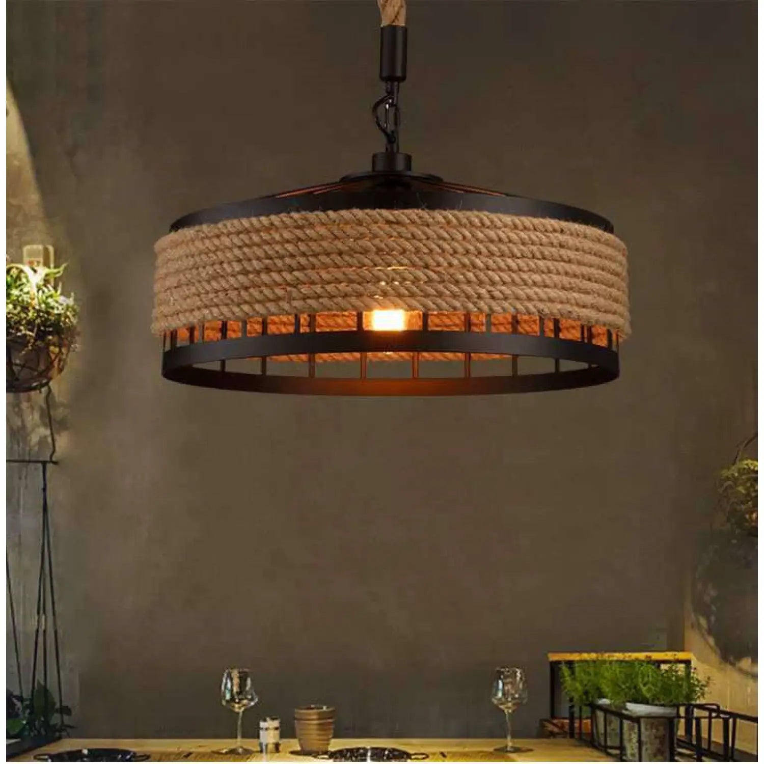 American Country Hemp Rope Restaurant Chandelier Personality Nordic Clothing Store Milk Tea Shop Round Wrought Iron LED