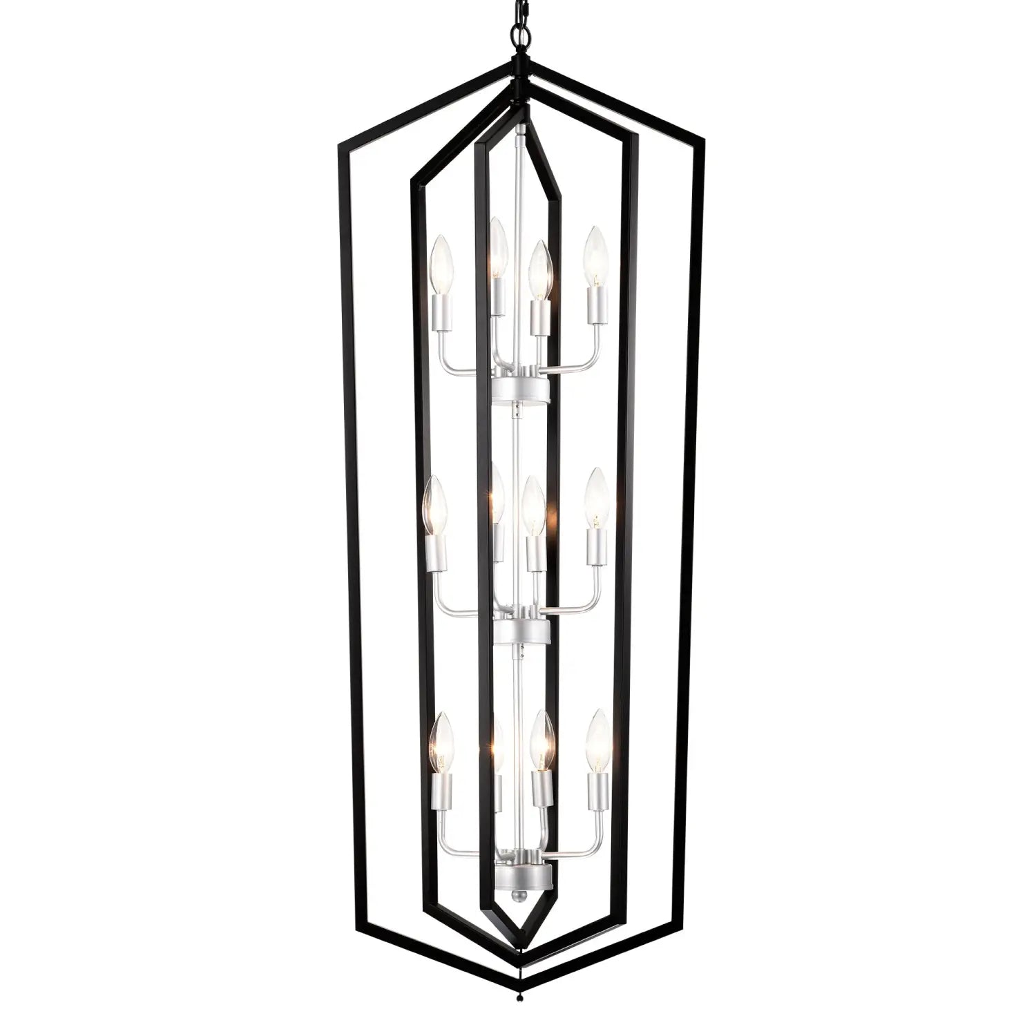 Rustic Modern Hanging Light Living Room with 12 Bulbs and Silver Finish Matte Black Hanging Light