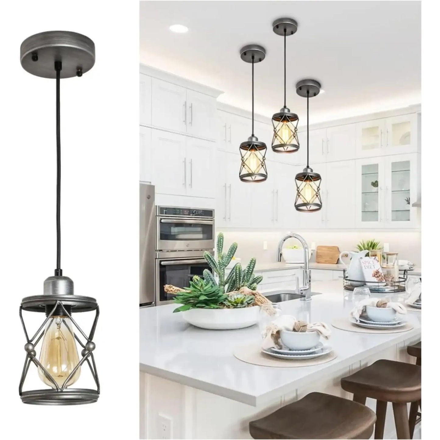 Industrial Pendant Lighting For Kitchen Island Rustic Mini Cage Pendant Light Farmhouse Pendant Lamp With Silver Grey