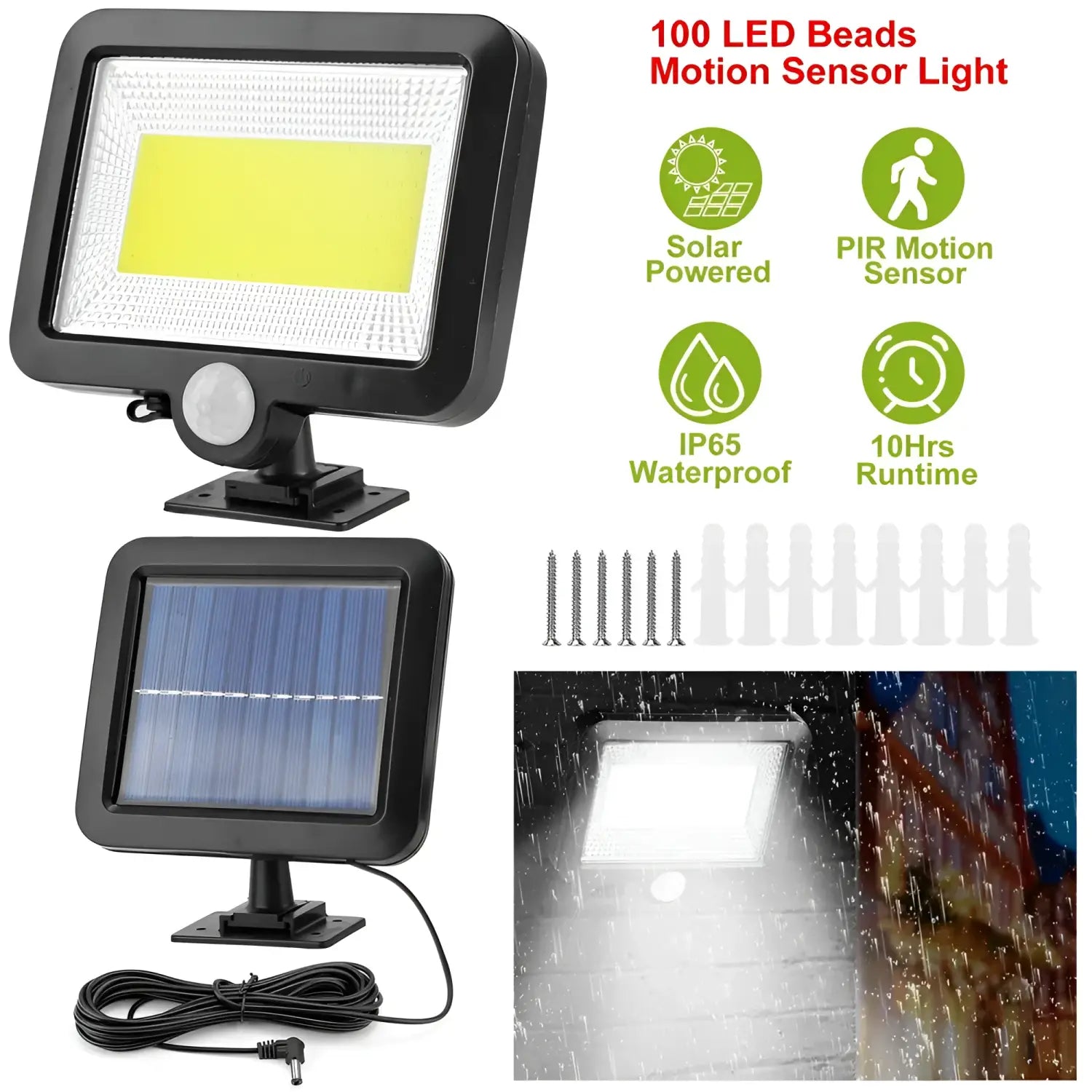 Solar Powered Wall Lights Outdoor 100 LED Beads Motion Sensor Lamp IP65 Waterproof Dusk To Dawn Sensor Light - Black