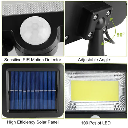 Solar Powered Wall Lights Outdoor 100 LED Beads Motion Sensor Lamp IP65 Waterproof Dusk To Dawn Sensor Light - Black
