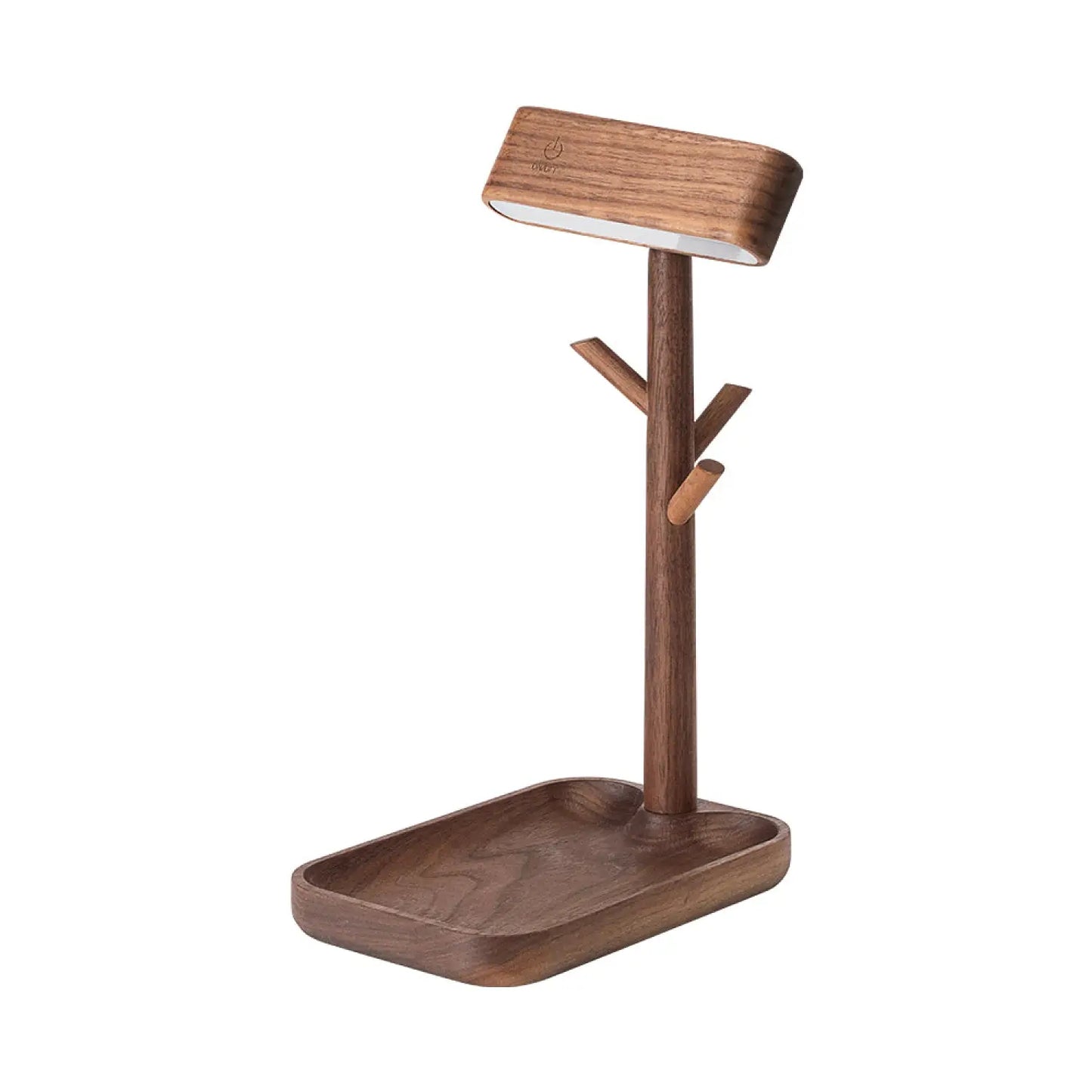 Wooden lamp with multiple arms and a tray on a white background