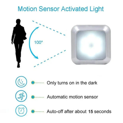 Square & PIR Motion Sensor Light with Battery 6 LED for Closet Stairs and Kitchen - 12V Hanging Light