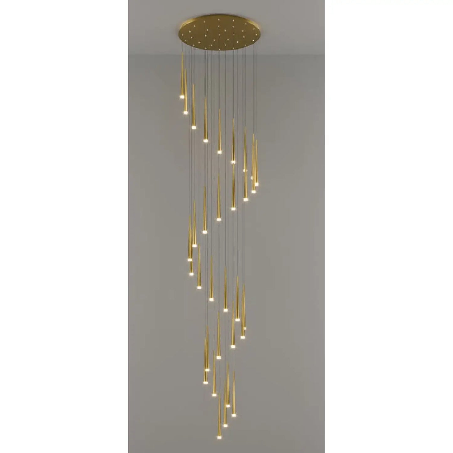 Stylish & Long Chandelier for Staircase with Compound Ring Design - Gold / 32heads / Trichromatic light - Hanging Light