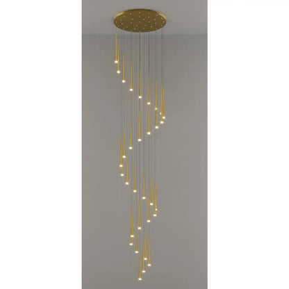 Stylish & Long Chandelier for Staircase with Compound Ring Design - Gold / 32heads / Trichromatic light - Hanging Light