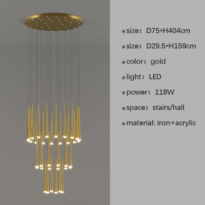 Stylish & Long Chandelier for Staircase with Compound Ring Design - Hanging Light