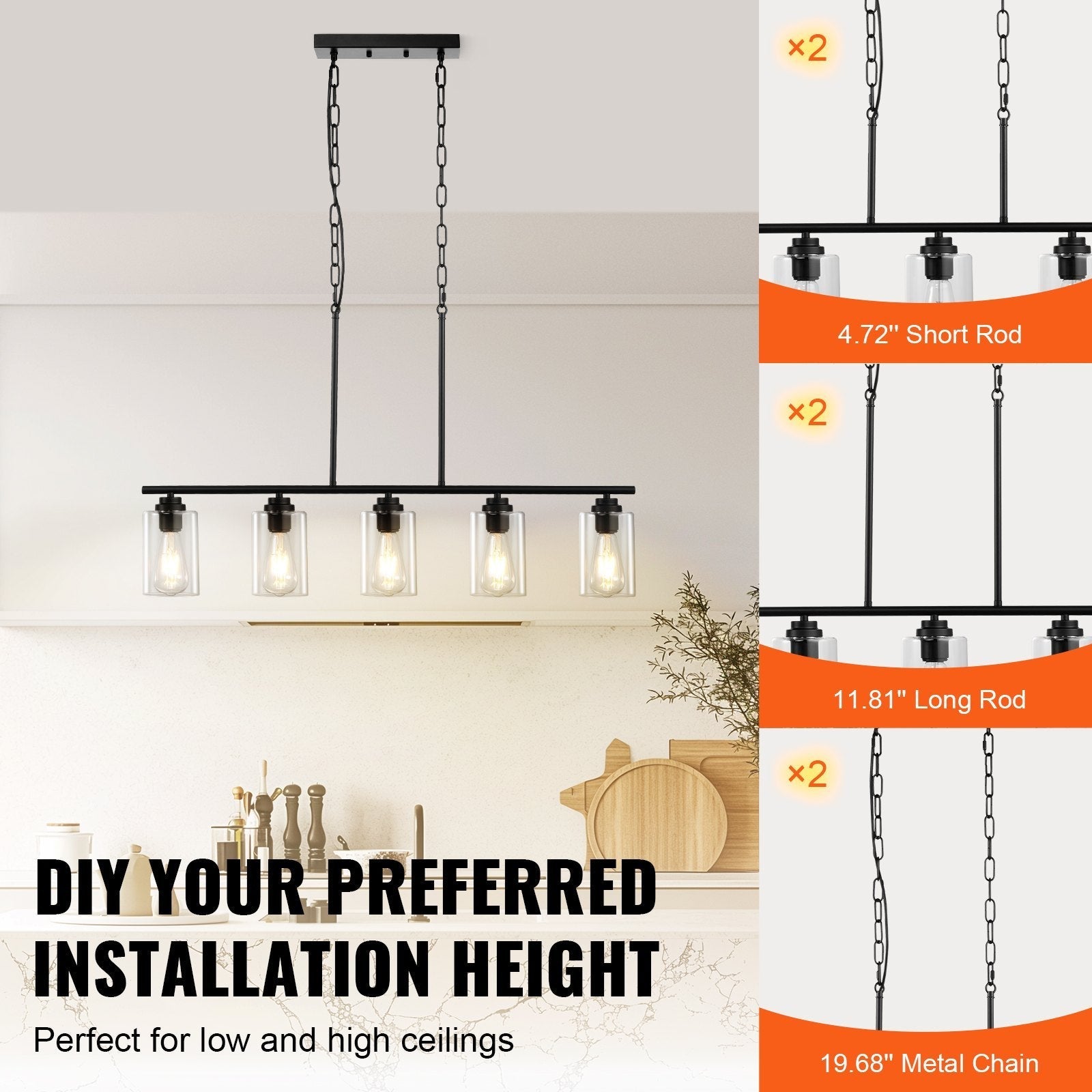 VEVOR 5 Light Kitchen Island Pendant Lights 60W Adjustable Dining Room Light E26 Black 12V Hanging Light