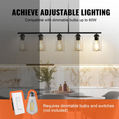VEVOR 5 Light Kitchen Island Pendant Lights 60W Adjustable Dining Room Light E26 Black 12V Hanging Light