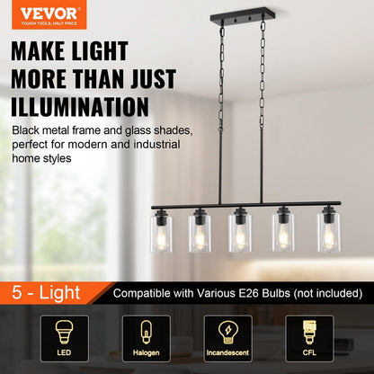 VEVOR 5 Light Kitchen Island Pendant Lights 60W Adjustable Dining Room Light E26 Black 12V Hanging Light