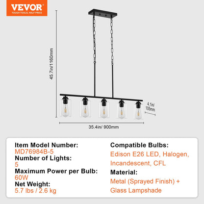 VEVOR 5 Light Kitchen Island Pendant Lights 60W Adjustable Dining Room Light E26 Black 12V Hanging Light