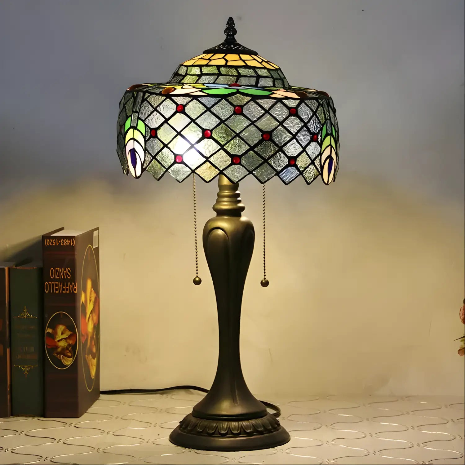 Vintage Tiffany Lamp Shades in Peacock Glasswork - No Bulb - Table Lamp