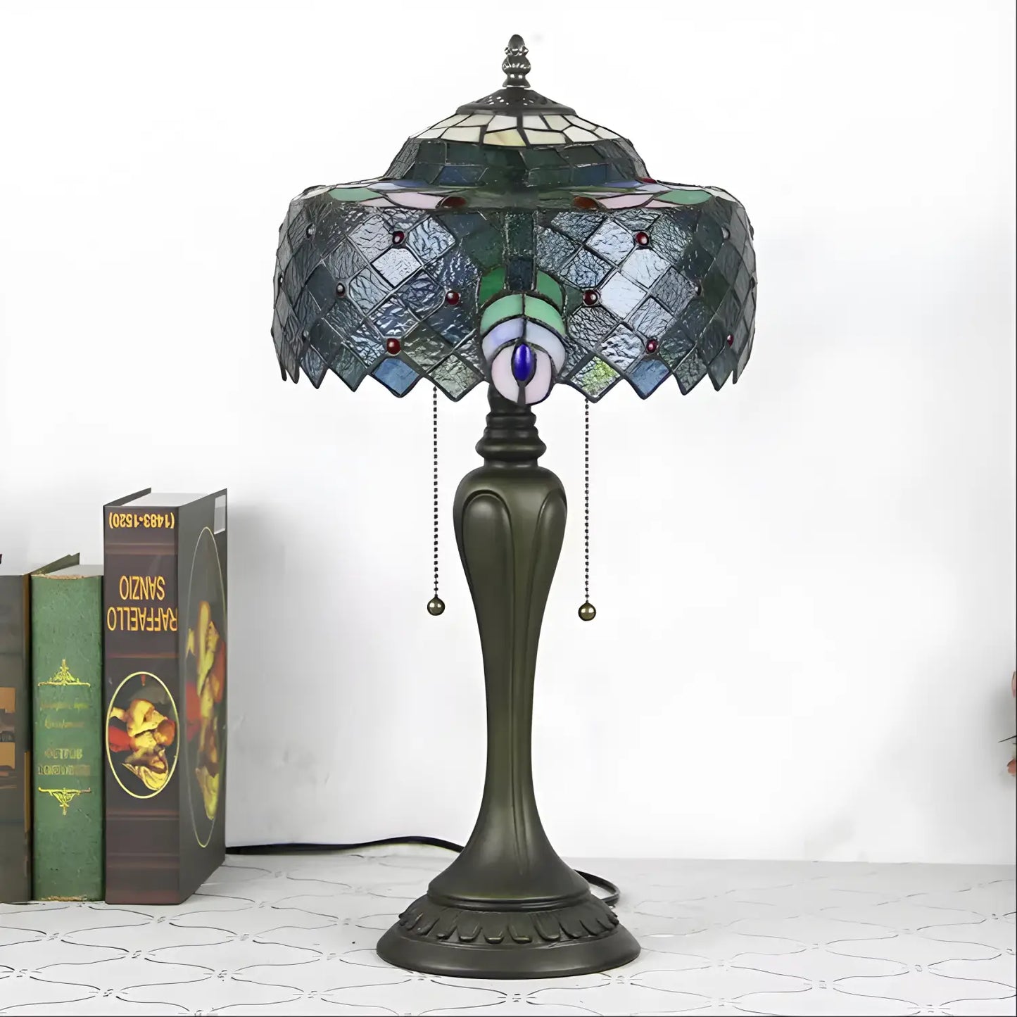 Vintage Tiffany Lamp Shades in Peacock Glasswork - No Bulb - Table Lamp