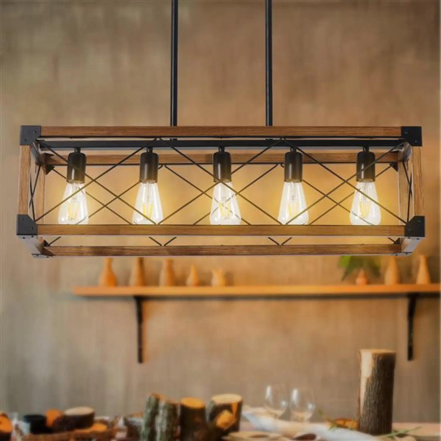 Vintage Wood Pendant Light – 5 Light Hanging Fixture - Wood - Light Fixture